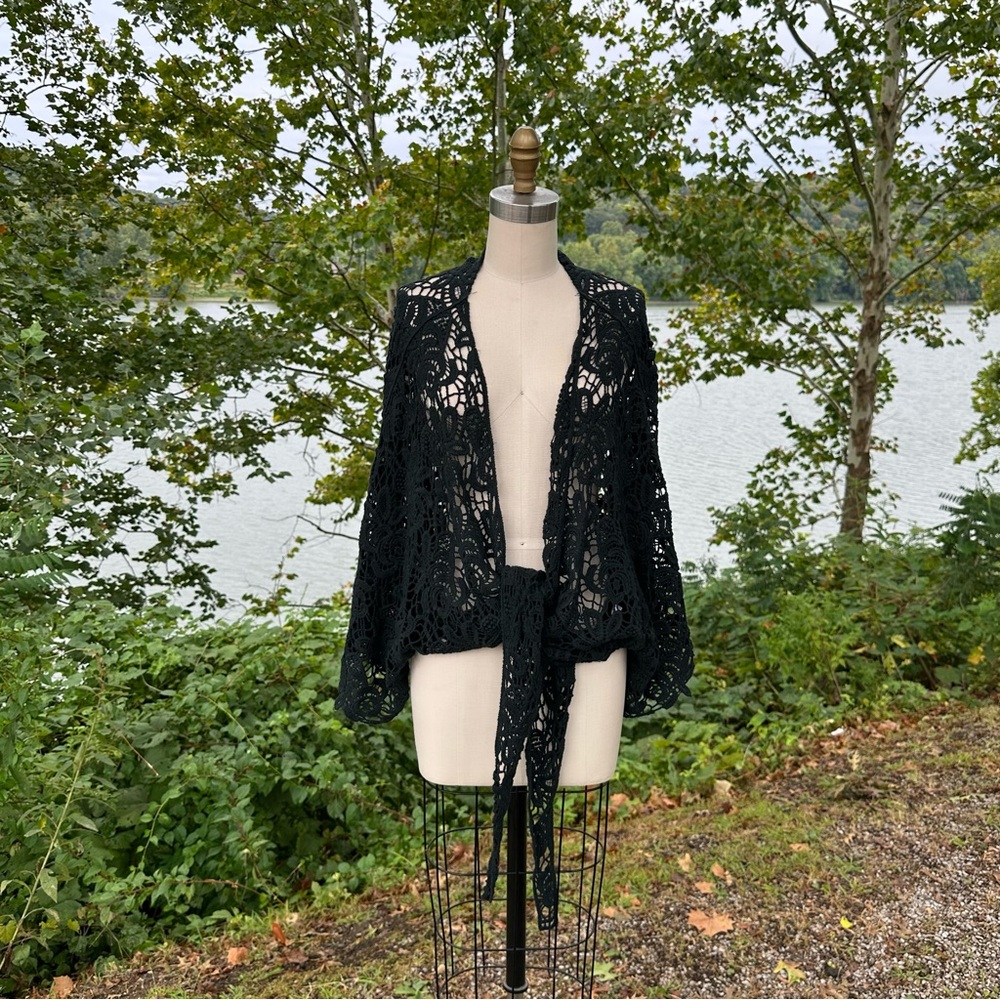 Twisted Petals Black Floral Crochet Cardigan/Wrap Cotton OS